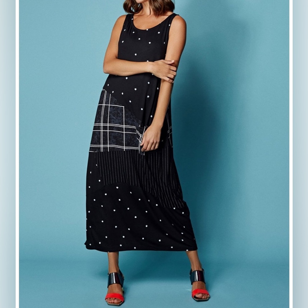 Alembika Dress Size 3 EUC Patchwork Black White Dot Comfort Geometric Maxi